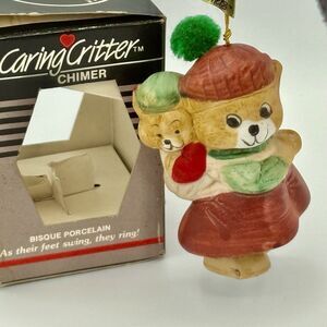 Jasco Caring Critter Chimer Bisque Porcelain Mama Bear Carrying Baby Vintage